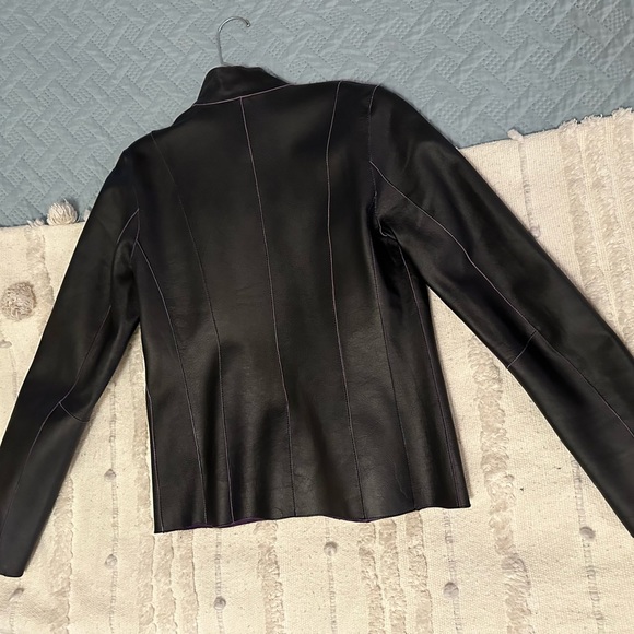 Chico's Genuine Black Leather Jacket Button Down Reversible Purple Size: SM - Picture 3 of 7